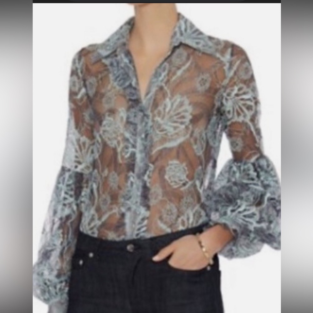 Alexis Sheer Lace Blouse in Blue and Gray